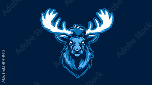 A detailed illustration of a moose head, with large antlers, in shades of blue