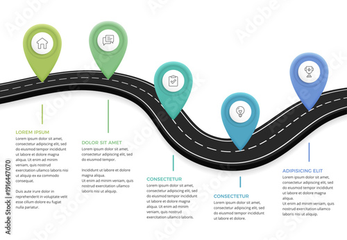 Curved road infographic template with five location pins and icons