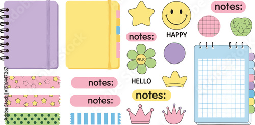 Digital planner sticker set featuring colorful notebooks, washi tape, cute sticky notes, smiley face, and decorative labels for bullet journaling and stationary design.