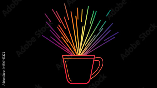 A black backdrop with a stylized cup overflowing with colorful, radiating lines resembling a spectrum