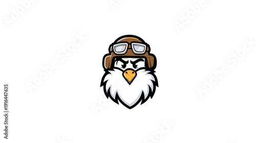 A stern eagle mascot wearing a pilot helmet, with intense eyes and a white beard