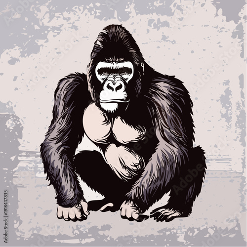 Powerful animal concept Detailed illustration of a majestic gorilla, showcasing raw strength and untamed spirit against a textured, grunge background