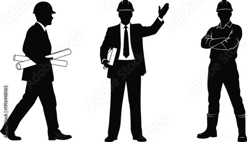 Three construction workers in different poses