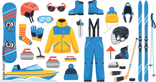 Flat vector illustration set of winter sports equipment featuring a snowboard, skis, hockey stick, curling stones, snowmobile, and protective cold weather gear.