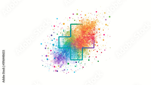 A vibrant cross symbol outlined in cyan, filled with a colorful watercolor splatter effect