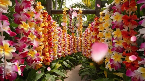 Cinematic tracking shot through a tropical garden path lined with vibrant Hawaiian flower leis and falling pink petals