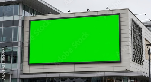 Large green screen billboard on a modern commercial building exterior.