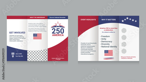 America 250 Trifold Brochure Template in USA Flag Colors. Perfect for patriotic events, Independence Day 2026, national celebration.