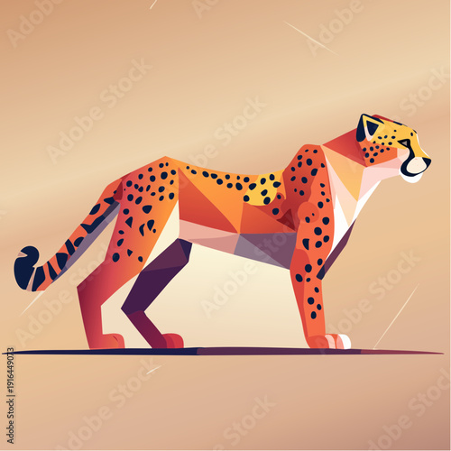 Vibrant geometric illustration of a powerful wild cheetah, showcasing its majestic stride and iconic spotted fur in a modern polygonal art style, capturing the essence of speed and grace