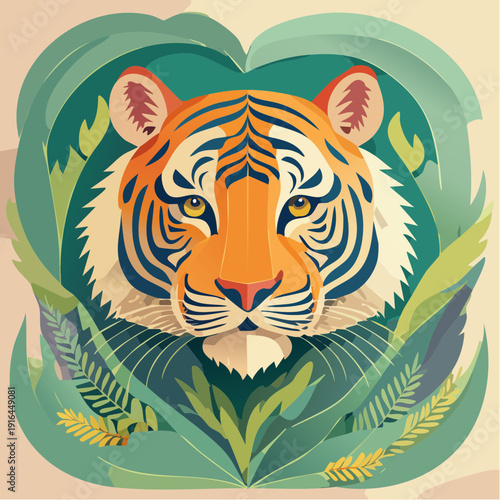 Majestic Tiger Portrait in Vibrant Jungle Foliage, a Striking Vector Art Illustration Capturing the Essence of Wild Nature and Powerful Serenity