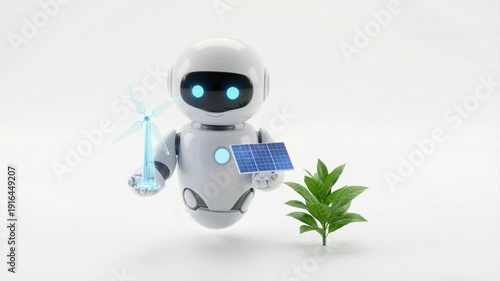 3D isometric robot holding a glowing wind turbine and solar panel icons; a concept of AI-managed green energy, renewable resources, and clean technology.