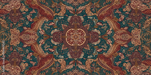 Traditional Thai style fabric featuring an ancient floral pattern and oriental textile ornament on a vintage decorative carpet texture with an antique craft design