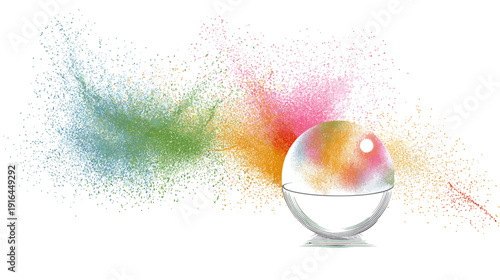 Colorful explosion with a spherical object, composed of tiny particles. Abstract