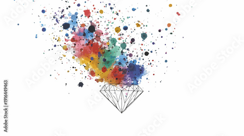 A geometric diamond emitting a colorful explosion of watercolor paint splatters
