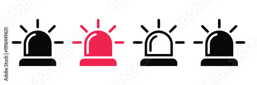 Medical emergency siren icon set, black and red filled and outline versions, urgent alert and emergency system vector symbols for healthcare
