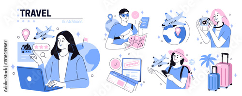 Tourism, travel set. Characters planning international trip, applying for visa, preparing baggage, buying tickets. Vector illustration.