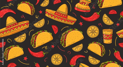 Vibrant mexican food pattern with tacos sombreros chili peppers and lime on black background for festive designs