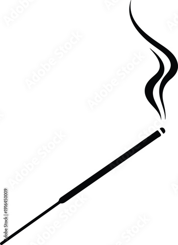 Burning incense stick with rising smoke trail silhouette vector illustration