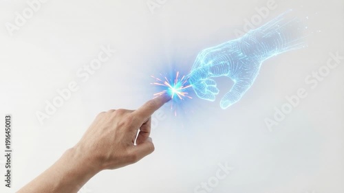 3D isometric minimalist human hand touching a glowing blue holographic hand; a concept of human-AI collaboration and future technology integration.
