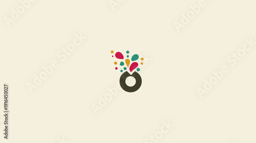 A simple, minimalist logo showing a dark ring sprouting colorful, abstract tear-shaped designs
