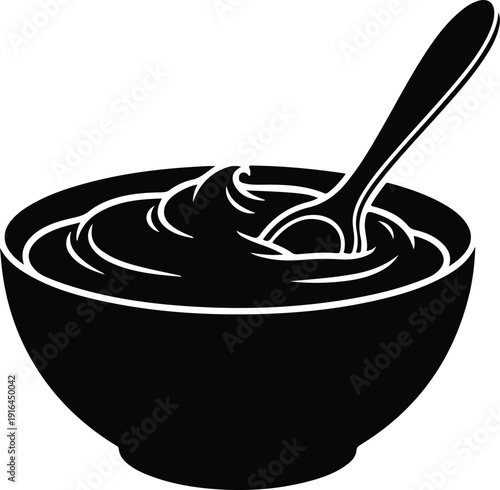 Ceramic bowl with creamy yogurt and a small spoon silhouette vector illustration