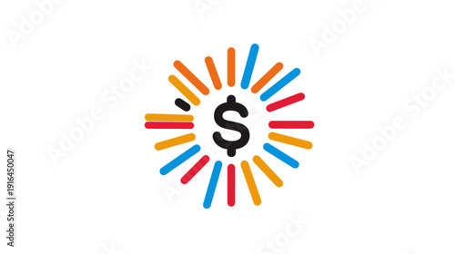 Graphic with dollar sign inside a burst of colorful lines on white background