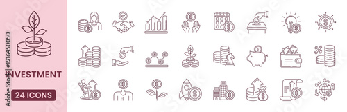 Investment Line Icon Set . Collection of finance and money, profit, investor, financial gain, portfolio, management, interest and stock. Editable stroke vector