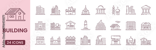 Building line icons set. Hotel, city, town house, mall, hospital, apartament, mosque, collection. Vector illustration.