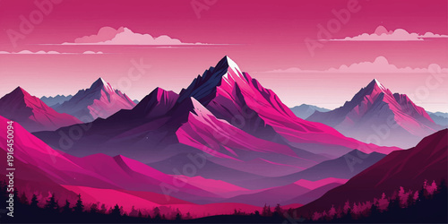 A purple dawn mist veils the snowy Alpine peaks as a breathtaking mountain sunrise transforms the morning sky over a vast valley panorama