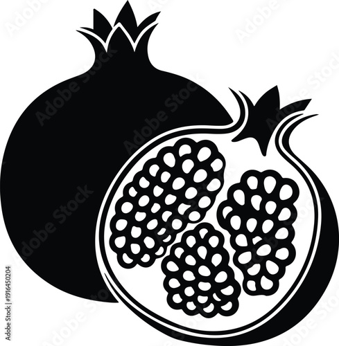 Fresh pomegranate fruit and sliced open half with seeds silhouette vector illustration