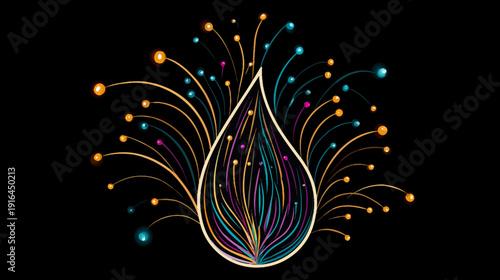 A colorful, abstract design featuring a teardrop shape with radiating lines and dots on black background
