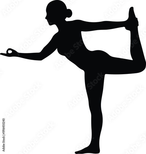 Healthy woman practicing natarajasana balance yoga pose silhouette vector illustration