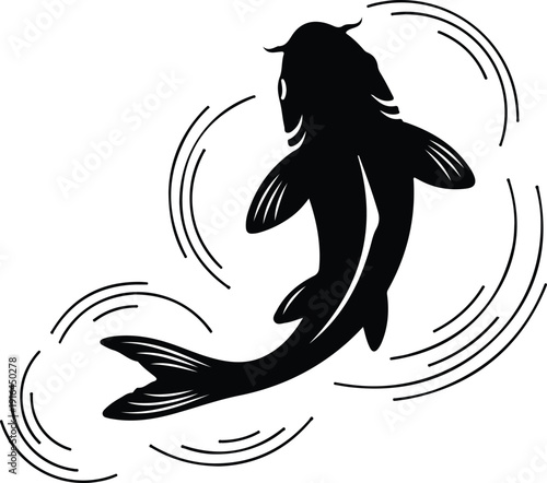 Japanese koi fish swimming in water with ripple effects silhouette vector illustration