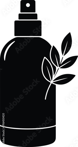 Natural herbal cosmetic spray bottle with organic plant silhouette vector illustration