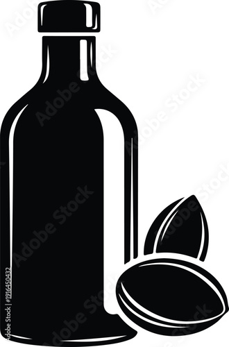 Organic argan oil bottle with nuts for beauty care silhouette vector illustration