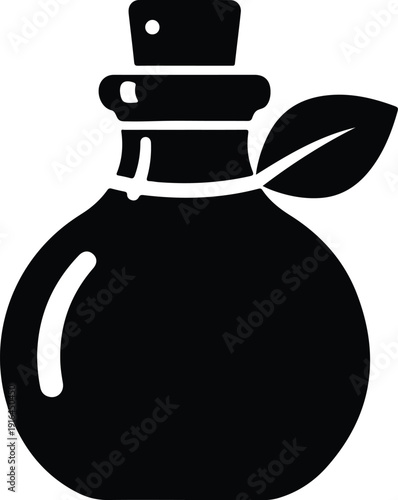 Organic herbal essential oil glass bottle with leaf silhouette vector illustration