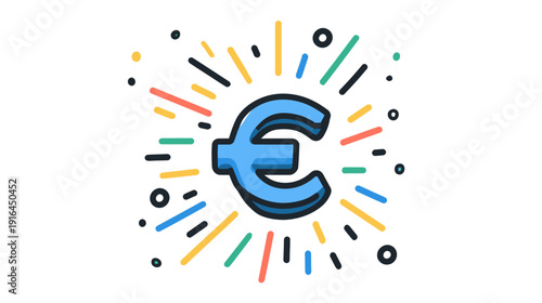 Cartoon illustration featuring a blue euro sign with colorful radiating lines and dots on white