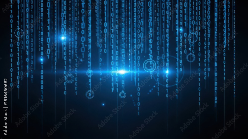 Obraz premium Digital matrix with glowing binary code and floating symbols in dark space