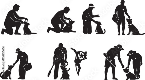 Black Solid Lifeguard Responding to Lost Pet on Beach Silhouettes Set of Six on White Background