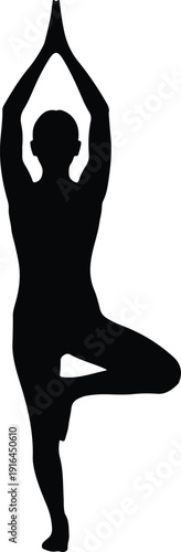 Woman practicing tree pose yoga for balance and mindfulness silhouette vector illustration