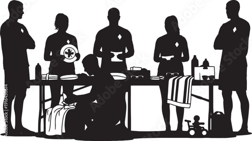 Black Solid Lifeguard Managing Lost and Found Area on Beach Silhouettes Set of Six on White Background