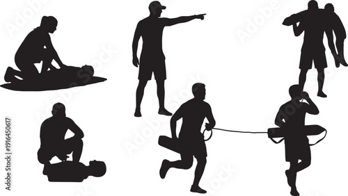 Black Solid Lifeguard Conducting Mass Casualty Incident Drill Silhouettes Set of Six on White Background
