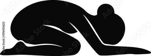 Woman practicing yoga child pose for relaxation body wellness silhouette vector illustration
