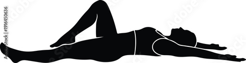 Woman practicing yoga stretch while lying on her back silhouette vector illustration