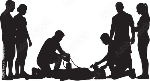 Black Solid Lifeguard Oxygen Administration Silhouettes Set of Six on White Background