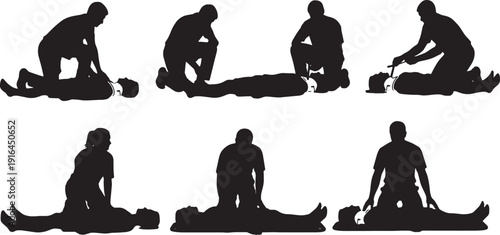 Black Solid Lifeguard Applying Neck Brace Silhouettes Set of Six on White Background