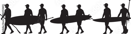 Black Solid Lifeguard Carrying Paddleboard Silhouettes Set of Six on White Background