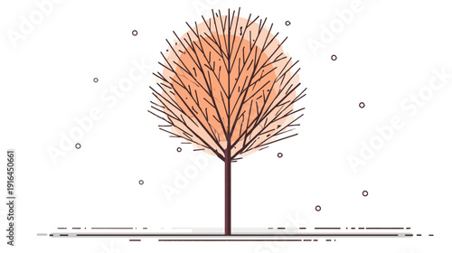 Minimalist illustration of a tree with orange-toned crown on a white background, sparse snowflakes