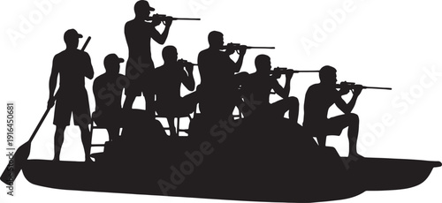 Black Solid Lifeguard in Vigilant Pose on Paddle Boat Silhouettes Set of Six on White Background