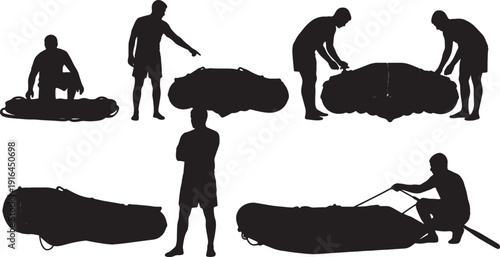 Black Solid Lifeguard Inspecting Rescue Rafts Inflatable Boats Silhouettes Set of Six on White Background